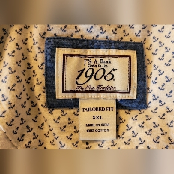 $52 Men's Jos. A. Bank White Tailored Fit Cotton Short Sleeve Polo Blue Anchors - Picture 3 of 11